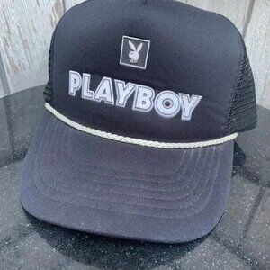 Playboy Vtg Black White Trucker Hat Ball Cap 90's Logo Black Rope Snapback